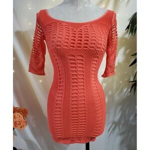 Bebe Mesh Open Stretch Knit Bodycon Mini Dress Womens Size S Coral Rave Club